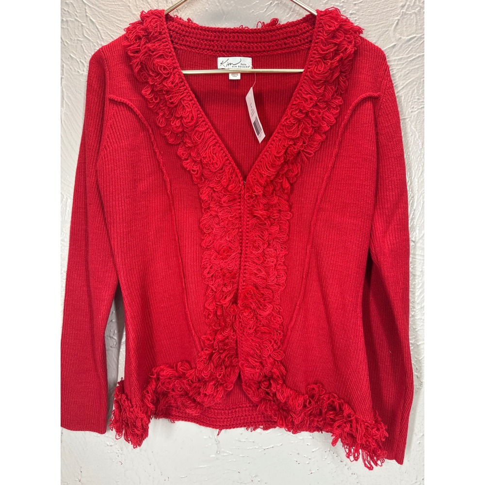 Kim Rogers‎ Petite Red Cardigan Sweater Textured Fringe V Neck Long Sleeve